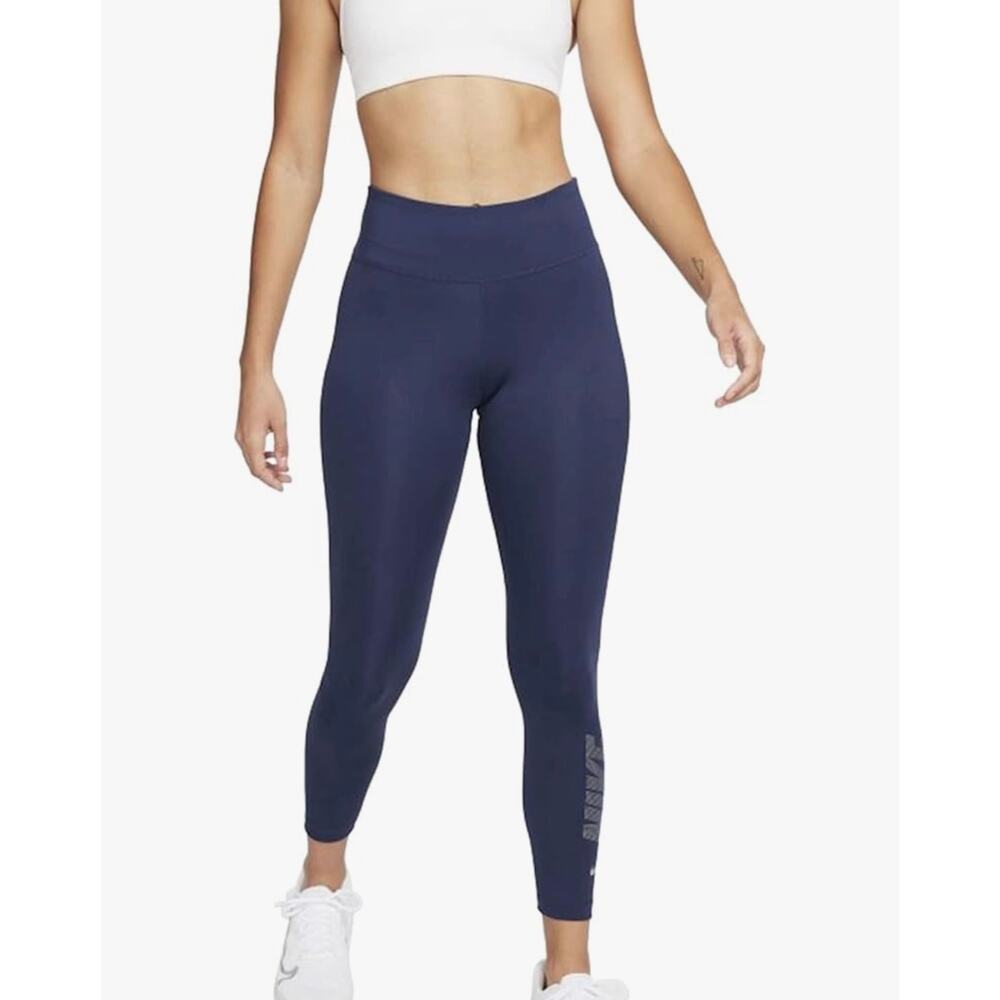 Nike Womens Leggings Dri Fit Mid Rise 7/8 Graphic Logo Navy L Active Gym Running - Picture 2 of 12